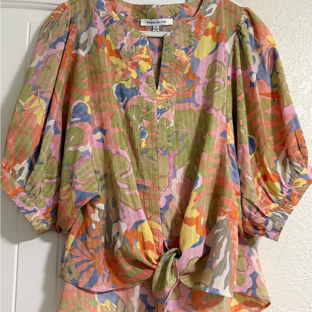 Rose & Olive Vibrant Floral Blouse with Tie Front